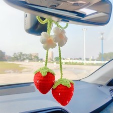 Crochet Strawberry Rear View Mirror Hanging Accessory, Flower Car Interior Or...