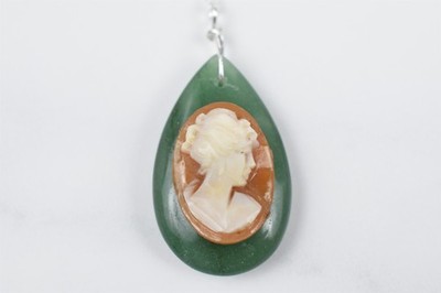Handmade Studio Sterling Aventurine Cameo Teardrop Pendant Necklace 18 in