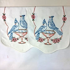 Beautiful Vintage Linen Antimacassars Hand Embroidered Bluebirds Bird Bath