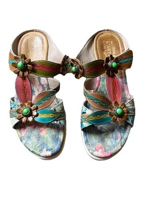 L artiste Beluga Leather Sandal Size 10 Multi Color Gem Platform Slide