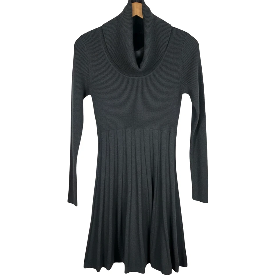 CALVIN KLEIN CK Dark Gray Sweater Knit Dress RIBBED FLARE Cowl Neck Cozy & Fun L - Image 2 of 4