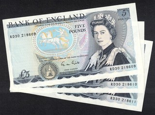 GB QEII 1988 GILL B353 £5 FIVE POUNDS BANKNOTE 3x CONSECUTIVE NOTES