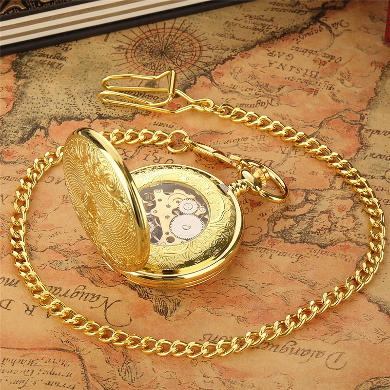 Mens Pocket Watch Mechanical Double Hunter Skeleton Short Chain Christmas Gifts