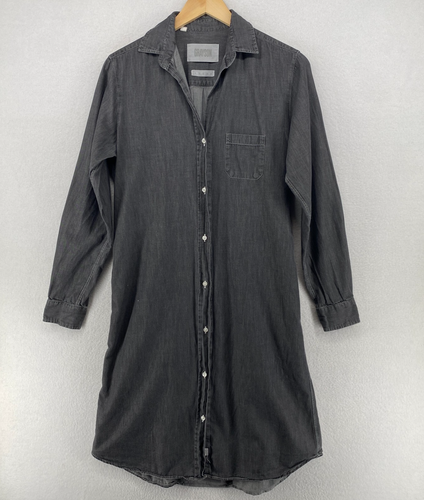 GRAYSON Dress 2 Denim Shirtdress Button Up Long Sleeve Ruched Back Cotton Black - Afbeelding 1 van 13