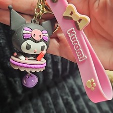 Sanrio KUROMI Key Ring PVC Keychain Pendant With Pink Wristlet