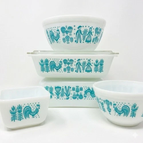 Vintage Pyrex Amish Butterprint Turquoise Bowls & Fridgie Set w Lid 6pc
