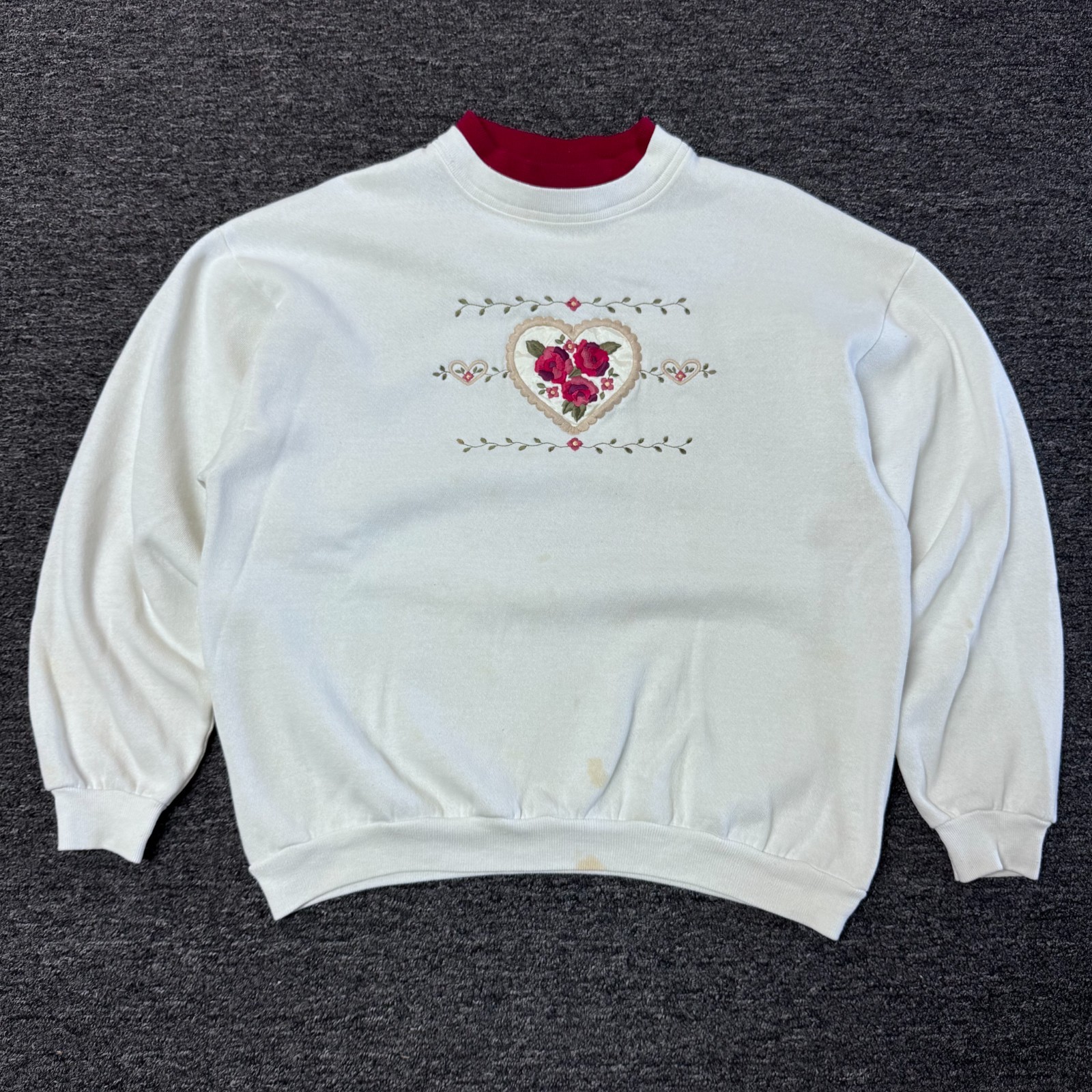 Vintage Morning Sun Top Stitch Floral Rose Sweatshirt Sweater Womens Sz M White