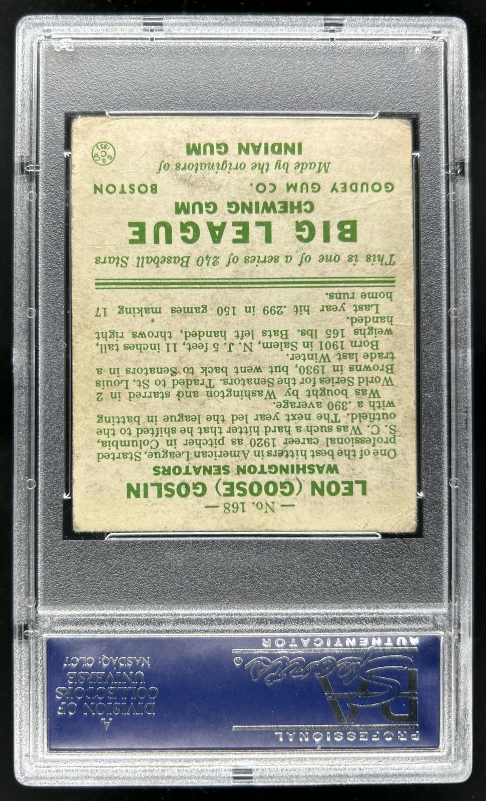 1933 Goudey R319 Goose Goslin Rookie RC #168 Senators PSA 2 view 2