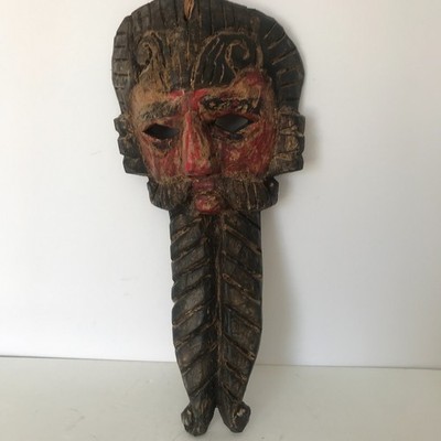 Vintage Hand Carved Painted Wooden Mask Mexico? Asia? Folk Art 14.5'' Red Black