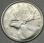 1958 Canada Silver Quarter 25 Cents Coin. Clear Vivid Example.
