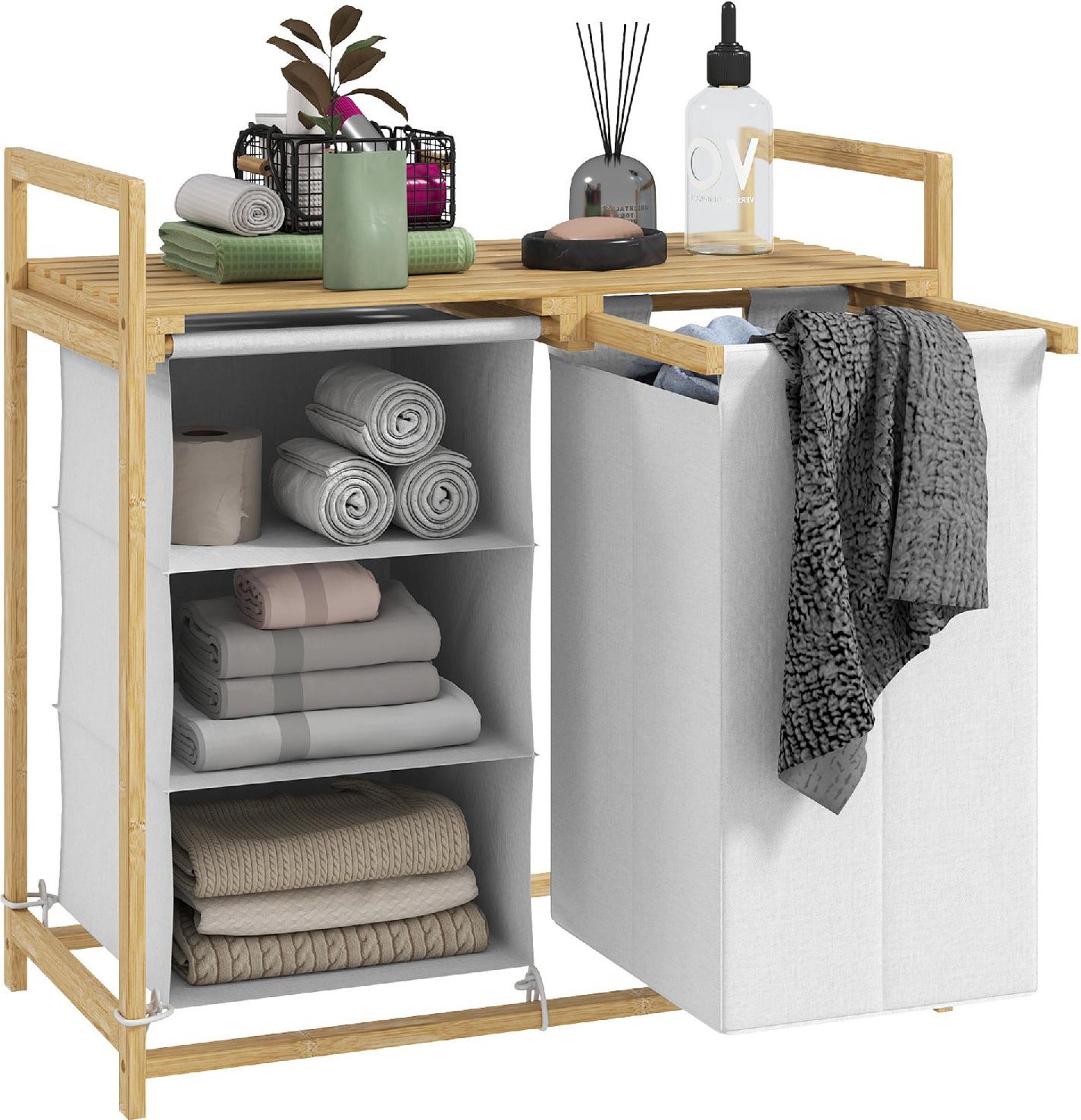 Cesto Portabiancheria DecHome U6520WT: 2 Zone, Bambù Bianco e Ripiano
