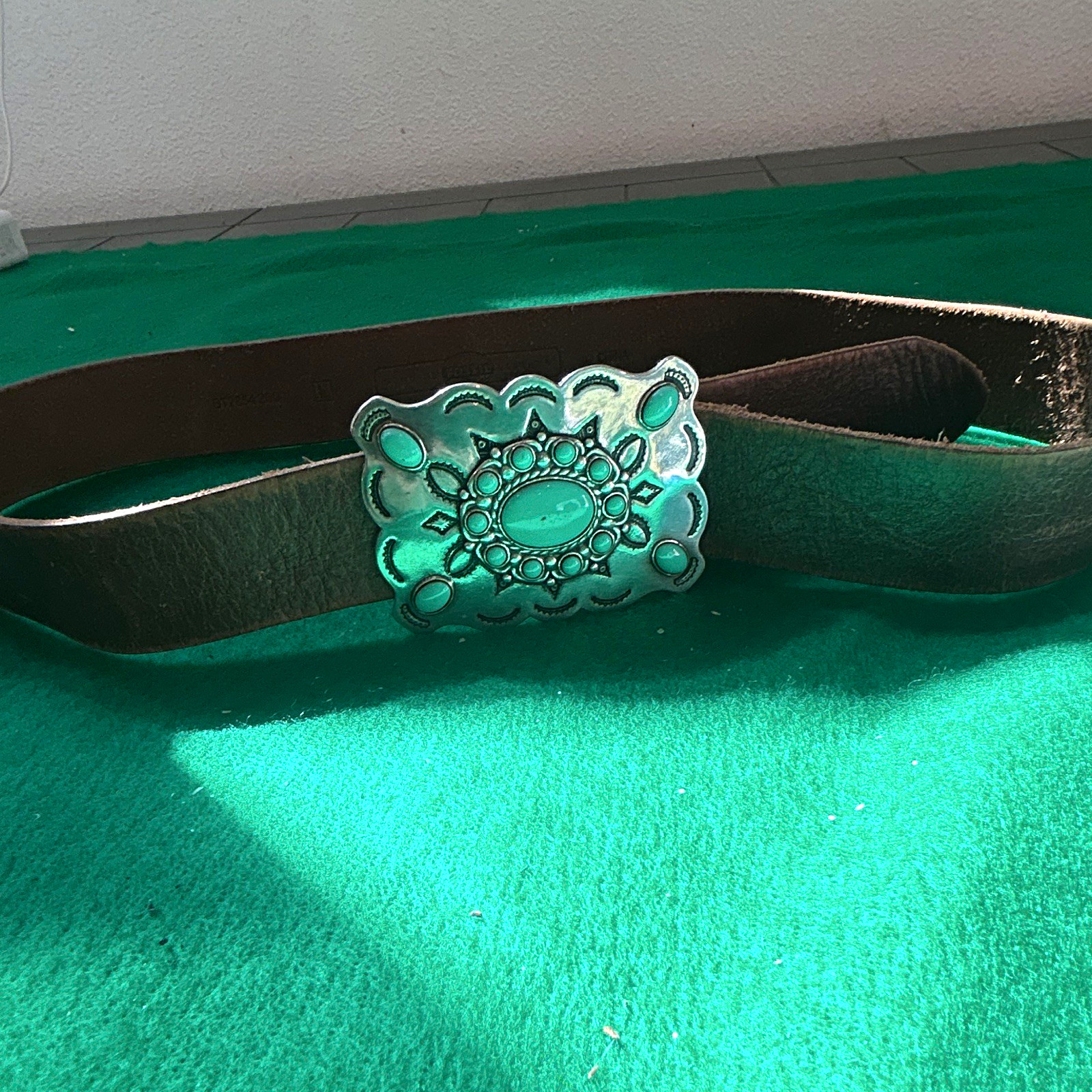Fossil Brown Leather Fashion Belt Size L Western Turquoise Silver Buckle