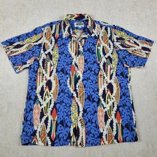 Vintage Hawaiian Island Brand Shirt Mens L Blue Panel Surfing Surfboards 90s USA