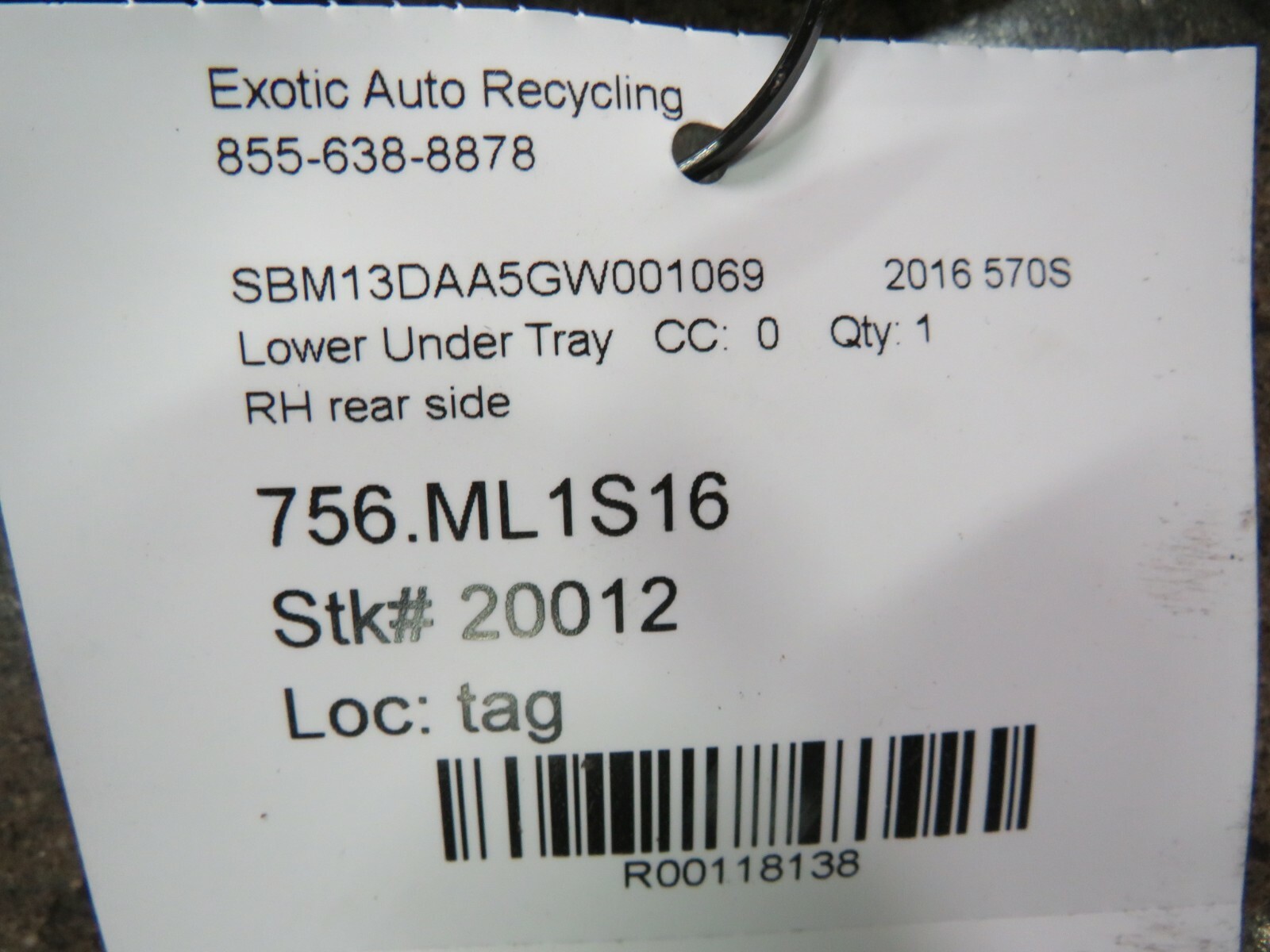 McLaren 570S, RH, Right Rear Lower Under Tray, Used 