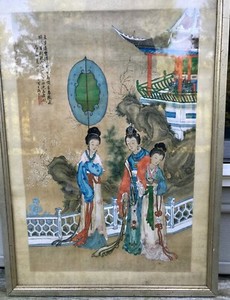 Chinese Painting on Silk Signed Seal Mark Beautiful Ladies Vintage Framed
