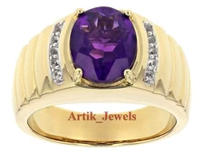 Natural Amethyst Gemstone With 14K Gold Plated Silver Ring for Men's #927