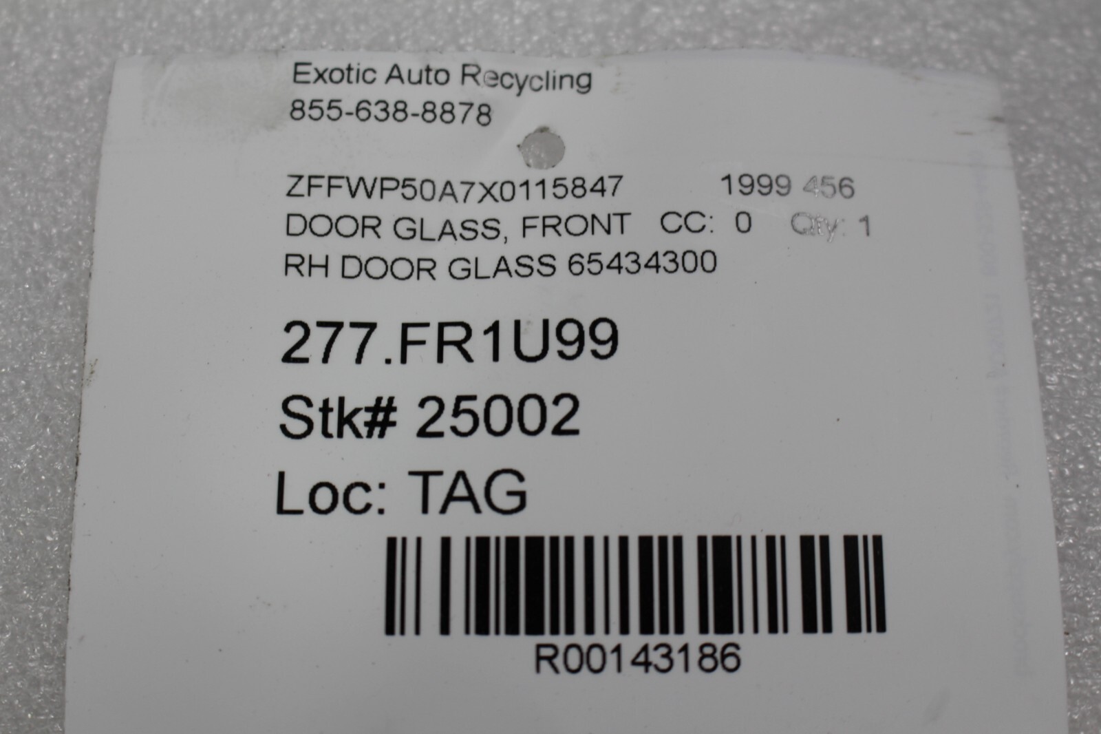 Ferrari 456, RH, Right, Front Door Glass, Used, P/N 65434300