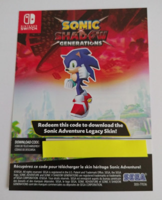 Sonic Shadow Generations Legacy Skin Add-on DLC ONLY for Nintendo Switch