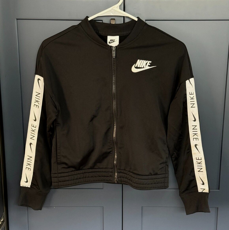 NIKE Sportswear Track Jacket Girls Black Tricot Spellout Trim Full Zip - Size L