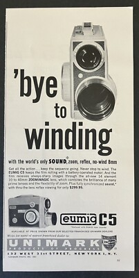 1961 Unimark Eumig C5 8mm No-Wind Camera ZoomiMagic Lens B&W Vintage Print Ad