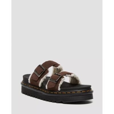 NWT Dr. Martens Myles Suede Faux Fur Lined Buckle Sandal Unisex M 11 W 12 Myles Suede Fur-Lined Buckle Slide Sandals in Dark Brown  main image 3