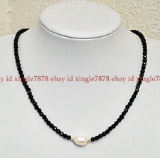 Faceted 3mm Bright Black Spinel Gems 9-10mm White Baroque Pearl Necklace 20''