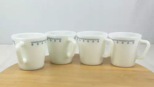 Vintage Pyrex Snowflake Garland Coffee Mugs Cupe Set of 4 D Handle Made USA