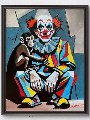 Clown And Monkey Cubist Picasso-Inspired Acrylic Original Art 14x11 Canvas