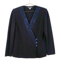 ST JOHN EVENING SANTANA KNIT BLACK BLAZER V NECK BLUE RHINESTONES SZ 6