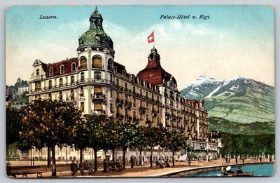 Luzern Palace-Hôtel & Mount Rigi Switzerland Vintage Postcard E. Goetz C487