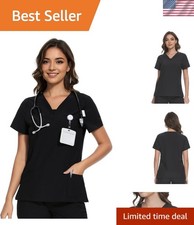Scrubs for Women V-Neck Scrub Top with 3 Pockets Soft Stretch Black Medium