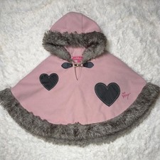 Y2K Pink Betsey Johnson Faux Fur Trim Heart Patch Hooded Poncho Cape Size 4