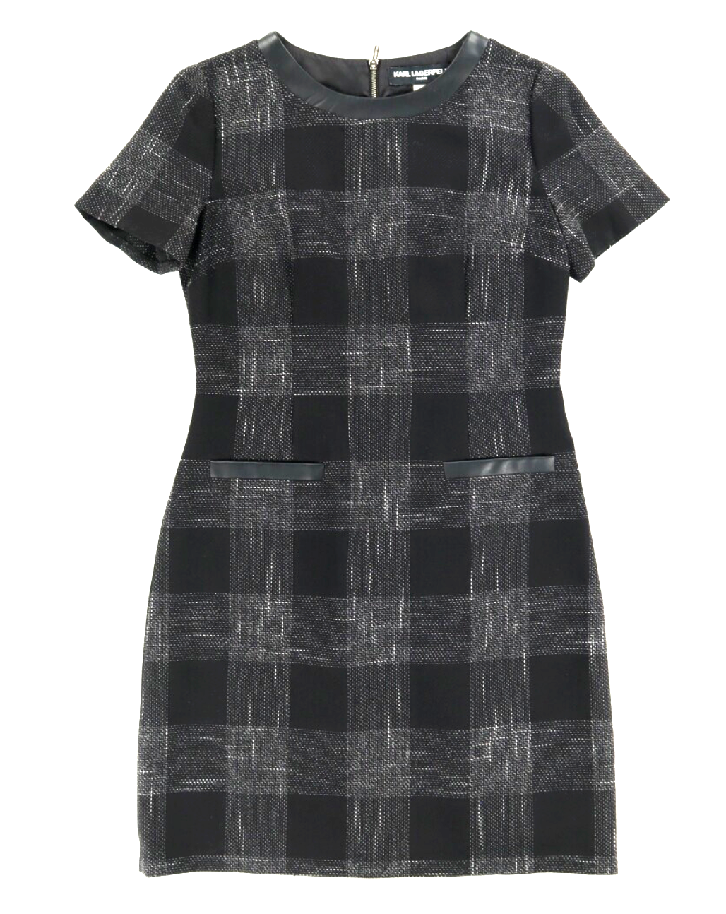 KARL LAGERFELD PARIS Black/Gray Plaid Tweed SHEATH DRESS Faux Leather Trim SZ 8