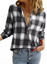 Womens Plaid Check Shirt V Neck Henley Blouse Long Sleeve Casual Top UK