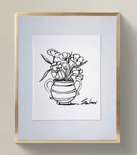 Original Ink Floral Drawing on Watercolor Paper_ Minimalist Art Signed by Artist