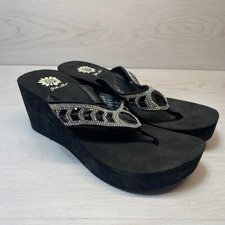 Yellow Box Womens 7.5 Platform Flip Flops Belmac Wedge Rhinestone Black Sparkle