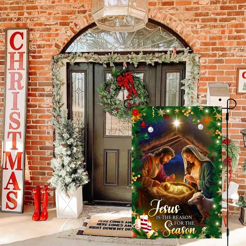 Jesús es la razón de la temporada belén religioso cristiano bandera de Navidad - Foto 2 de 4