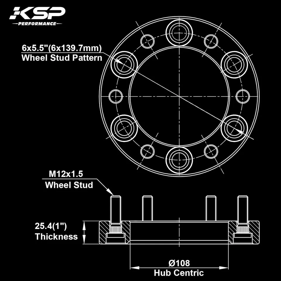 Espaçadores de roda 6X5.5, passo de rosca KSP forjado 1" (25mm) 6x139,7mm a 6x139,7mm M12 - Imagem 2 de 4