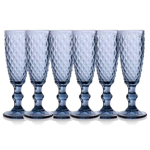 CALICE FLUTE DIAMANTE DA 140 CC IN COLORE BLU SET 6 PZ - Foto 1 di 1