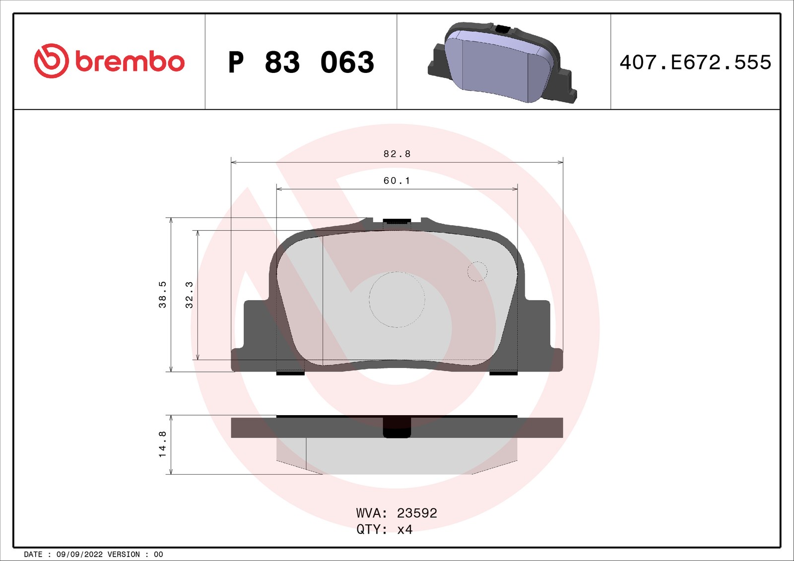 Bremsbelagsatz, Scheibenbremse P 83 063 BREMBO für TOYOTA CAMRY PRIUS Liftback - Bild 3