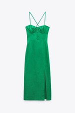 NWT Zara Women Linen Blend Strappy Corset Midi Slit Dress Green Sz XS 3552/381