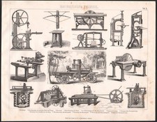 1870 Gravure originale mécanique industrie scieuse scies outils machines