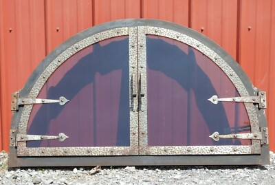 Unique Fireplace Oven Two Glass Door Arch Blacksmith Hammered Steel In/Outdoor