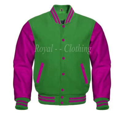 Baseball Varsity Letterman Bomber Green Wool Genuine Pink Leather Sleeve 