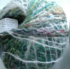 2x50g Mohair Thick & Thin Style Yarn. Green/White/Multi. Knit/Crochet/Weave
