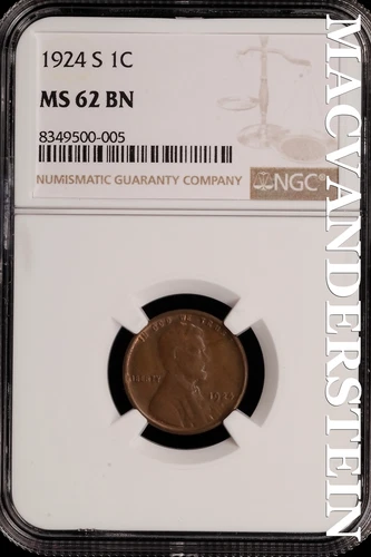 1924-S Lincoln Wheat Cent - NGC MS 62 BN - Scarce  No Reserve  #SLH84