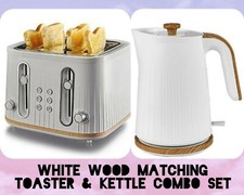 White Wood scandi 4 Slices Bread Toaster Matching Kettle Kitchen Dinning Hot