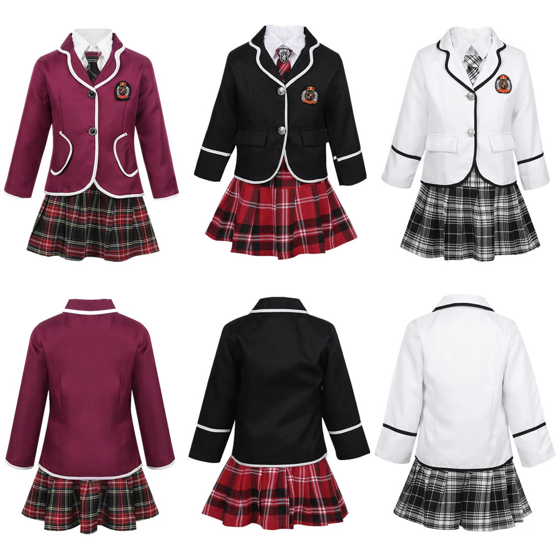 Kids Girls British Style School Uniform Costume Coat + Shirt Tie Mini Skirt  Sets