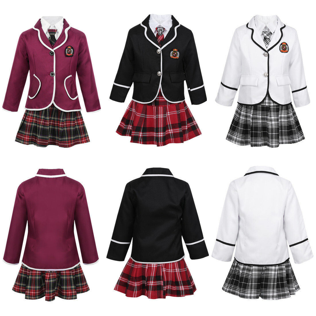 Kid Girls British Style School Uniform Jacket Skirt Shirt Tie Outfit