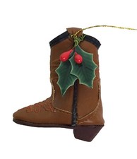 Christmas Ornament Western Cowboy Boot Brown Holly 3